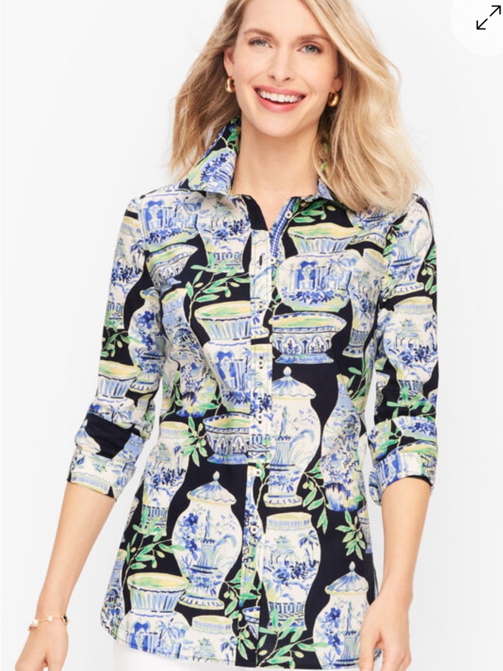 Talbots Grandmillenial Chinoiserie “Ginger Jar” Printed Button-Down Shirt Medium